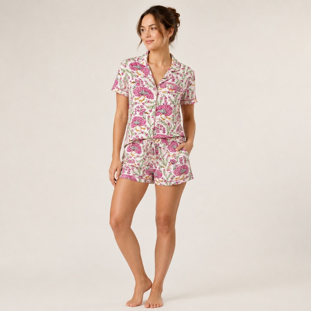 Printfresh Pajama Set Womens XXS Pink Crane Floral Cotton Loungewear Whimsical
